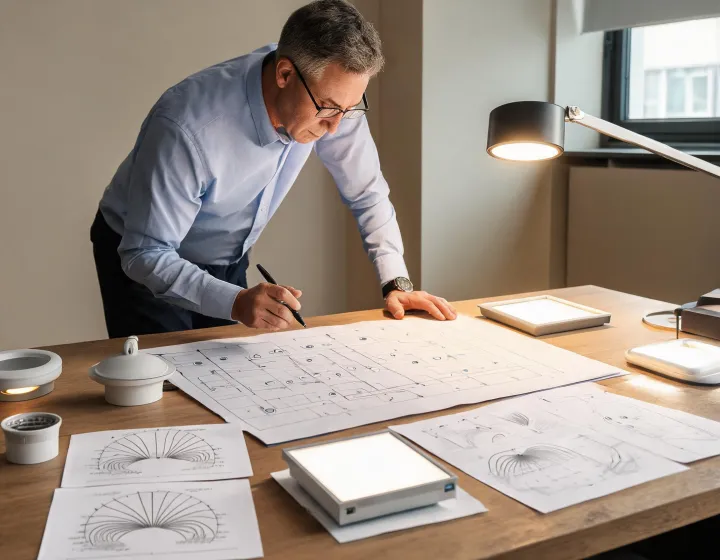 Lighting specialist reviewing plans and samples